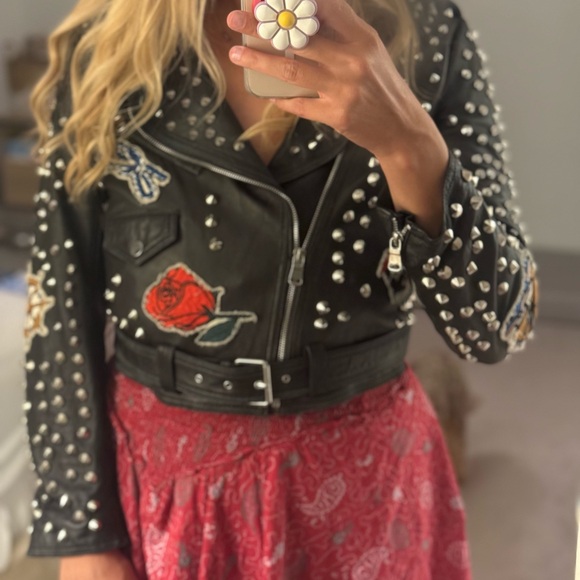 Zara Black and Red Leather Jacket with Studded Details - Picture 5 of 8